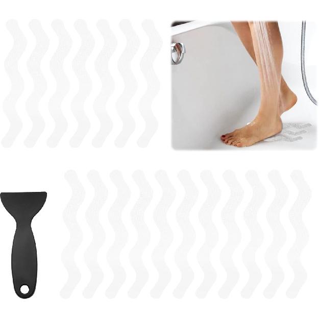 24PCS Bathtub Non Slip Stickers Blue Safety Anti Slip Shower Strips Adhesive Decals Scraper for Bath Tub Stairs Steps Floor Ladders with Premium