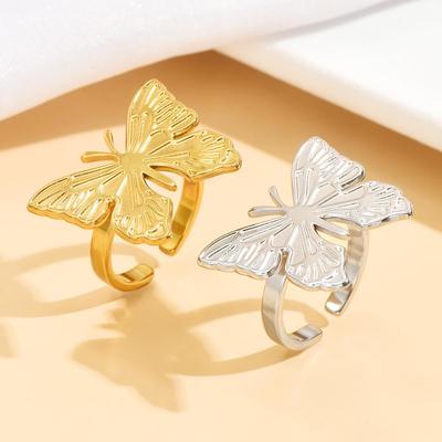 Retro Elegant Butterfly Ring: Pastoral Style Adjustable Stainless Steel Jewelry for Women.