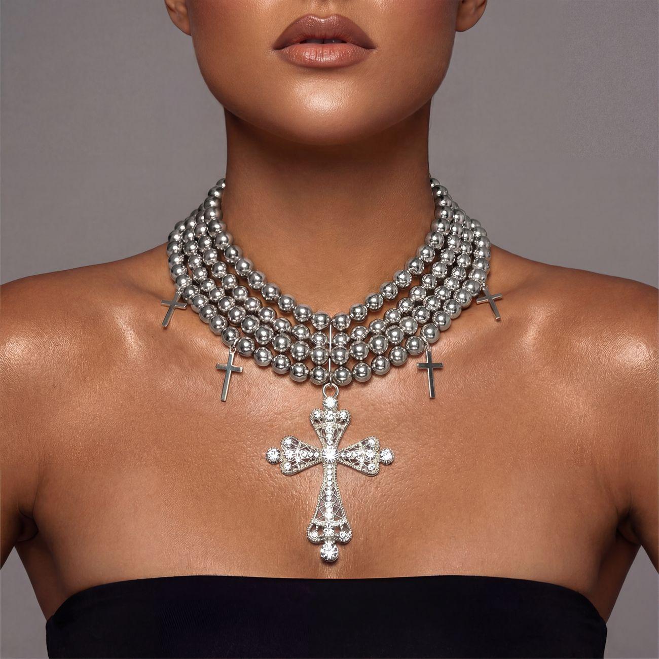 

European and American exaggerated multi-layer round bead necklace, diamond-encrusted large cross pendant, hip-hop neck chain alloy+ccb