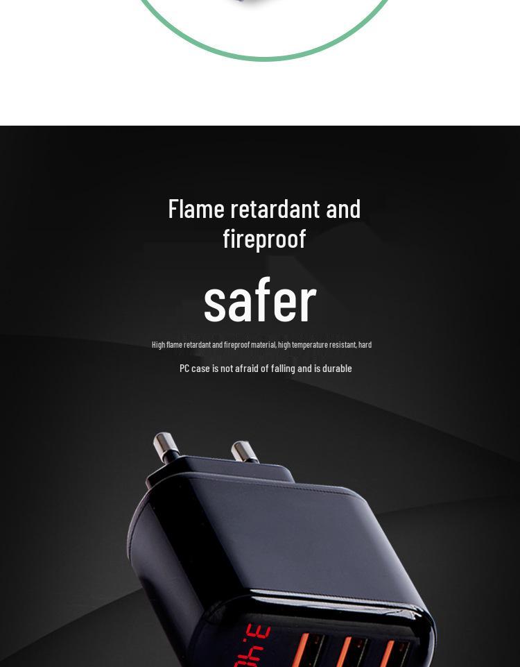 5V2A Fast Charger with Three Ports & Digital Display - Compatible with Apple, PDQC; UK & EU Plugs