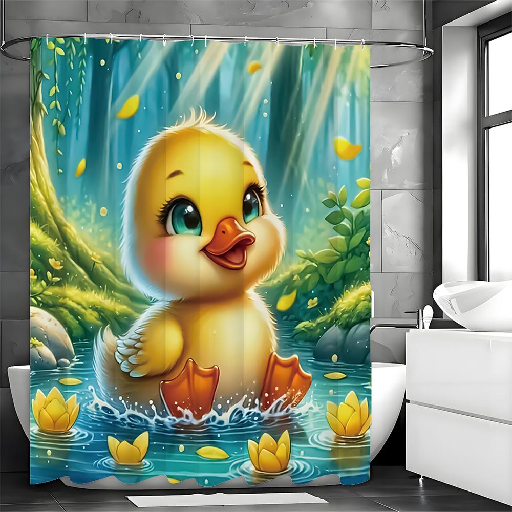 Cartoon cute yellow duck shower curtain, bathroom decorative shower curtain, waterproof shower curtain with hooks