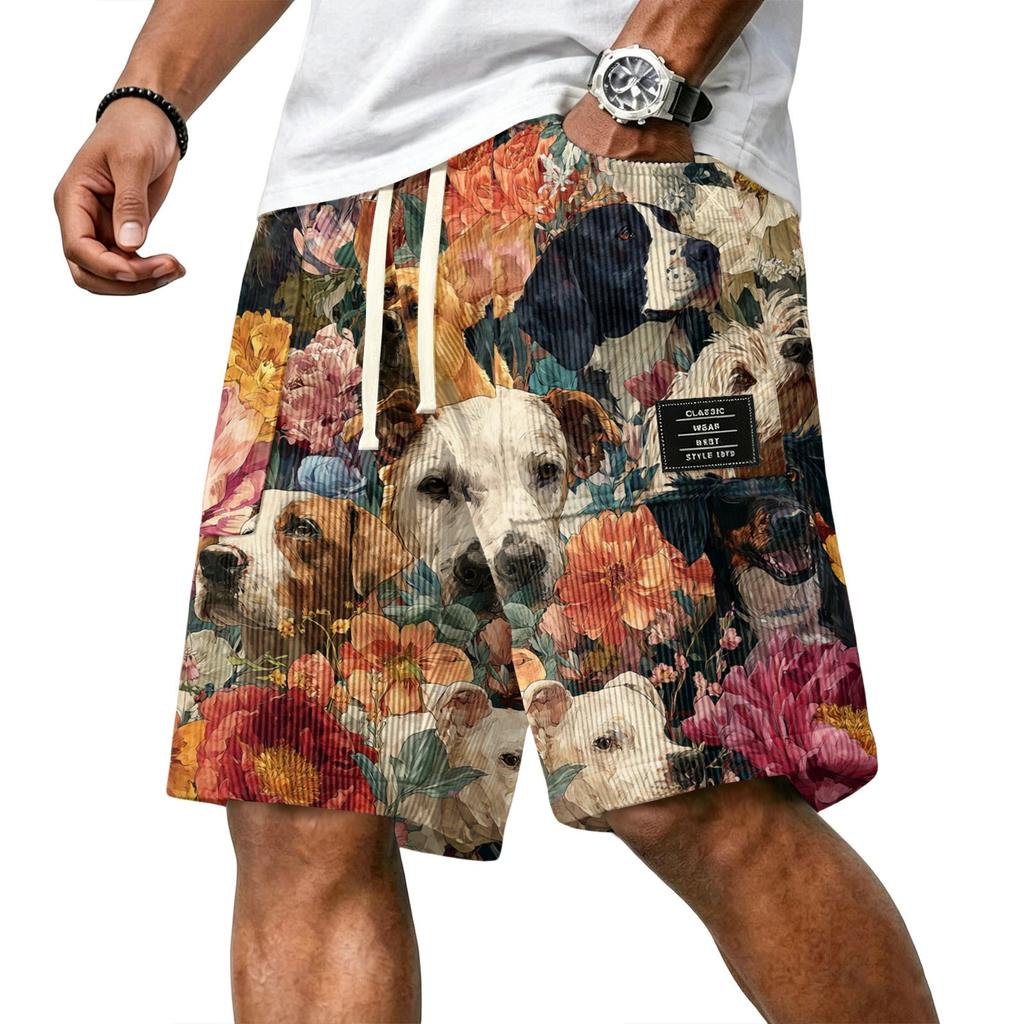 Men's Casual Corduroy Drawstring Shorts Hawaiian Style Floral Dog Print Lightweight Comfortable Fit Summer Beachwear