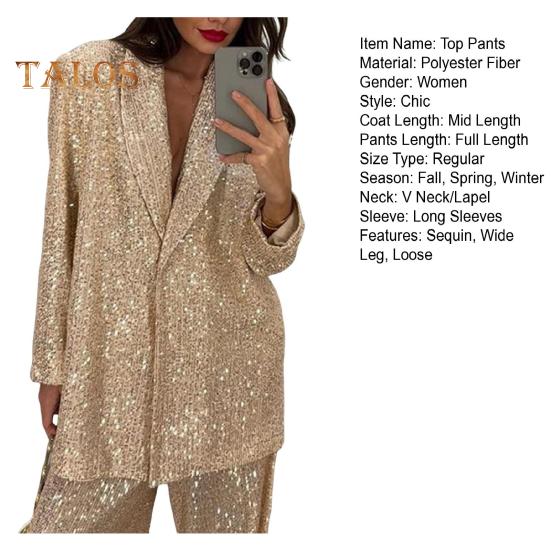 Cămașă cu paiete, pantaloni, cu rever, cu decolteu în V, cu mânecă lungă, haină de lungime mijlocie, cu picior lat, pantaloni supradimensionați pentru petreceri, ținută de celebrități de club