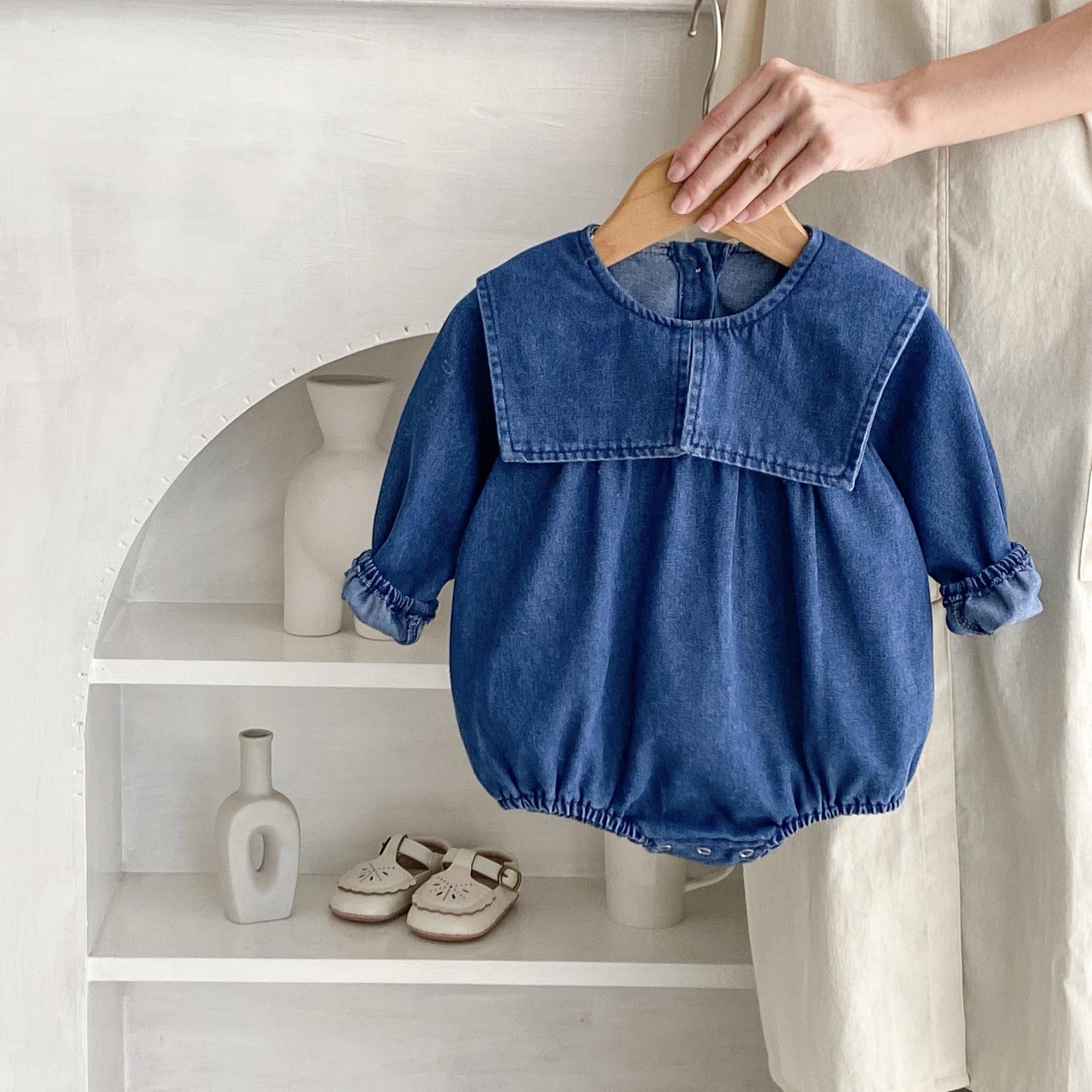 

Детский джинсовый комбинезон для младенцев, осенняя повседневная одежда с отложным воротником, однотонный комбинезон для девочек, bafanou 22373 80cm(12-18M) синий