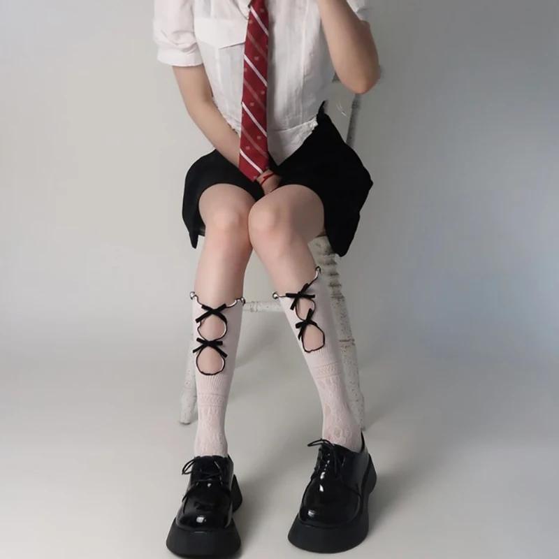 1 Pair Hollow Lace Women Long Stockings Fashionable Versatile Knotted White Lolita Style Comfortable Breathable Casual Socks
