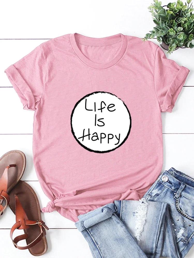 Life Is Happy Circle Print Women T Shirt Short Sleeve O Neck Loose Women Tshirt Ladies Tee Shirt Tops Clothes Camisetas Mujer