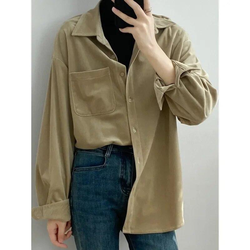 Vintage Langarm Cordhemd Herbst Und Winter Frauen Kleidung Mode Drehen Unten Kragen Bluse Casual Tasche Mantel Tops 30247