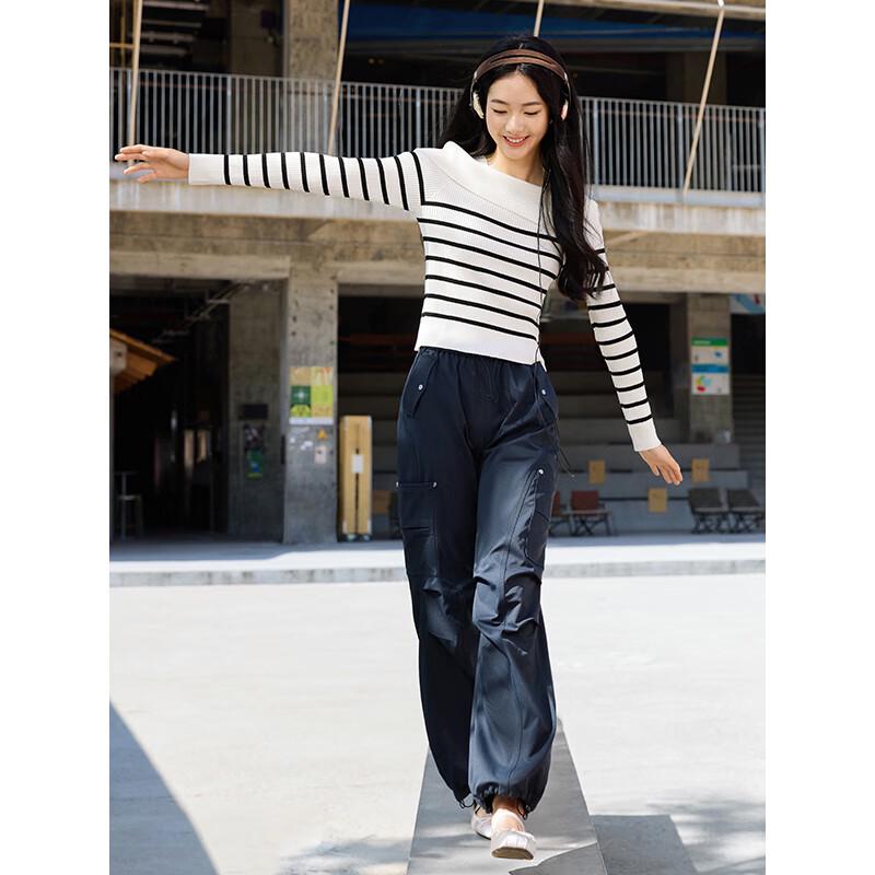 Hotwind Women's 2025 Autumn Off-Shoulder Striped Knit Sweater