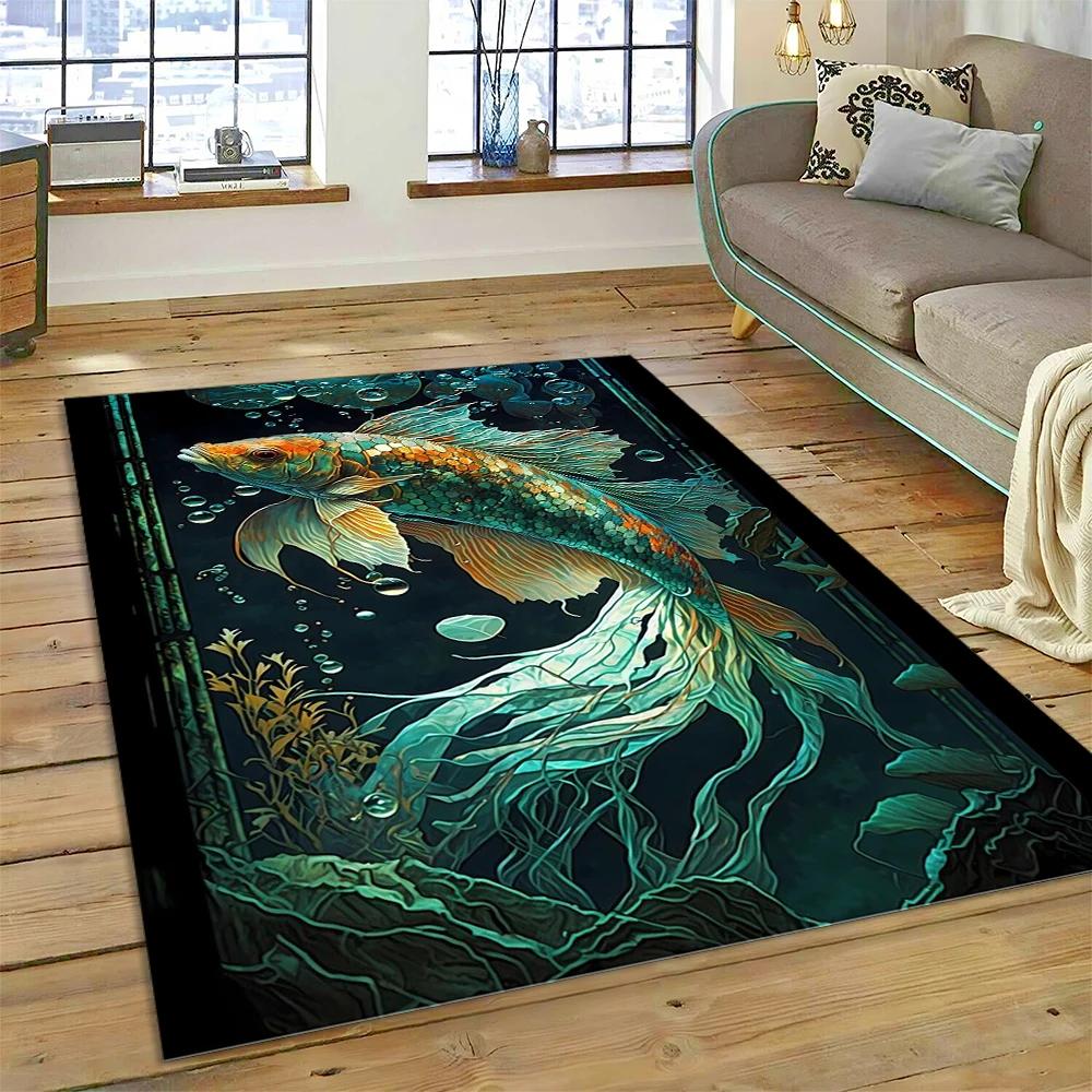 Koi Carp Naturalize Yin Yang Fish Cartoon Carpet Rug for Home Living Room Bedroom Sofa Doormat Decor,Kids Area Rug Non-slip Mat