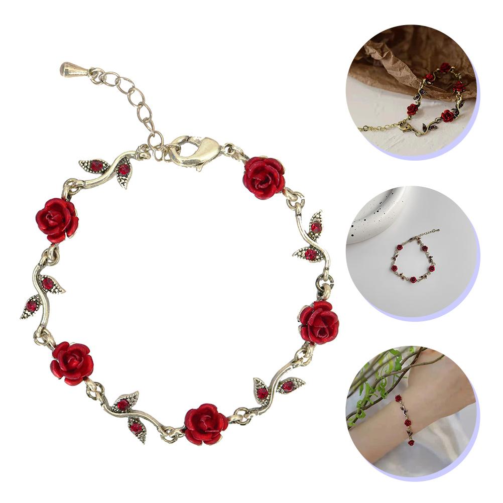 Adjustable Rose Flower Charm Wrist Chain Valentine s Day Gift For Girls Red Long Stem Flower Chain Bracelet Bangle With Lobster