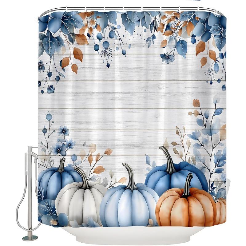 

Fall Pumpkin Shower Curtain With Hooks - Rustic Farmhouse Bathroom Decor In Blue, Orange, Beige, & Brown - Vintage Thanksgiving W60H190(CM)-1 Pcs