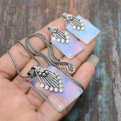 Milky Opal Gemstone Handmade Solid 925 Sterling Silver Necklace+Earring Jewelry Set