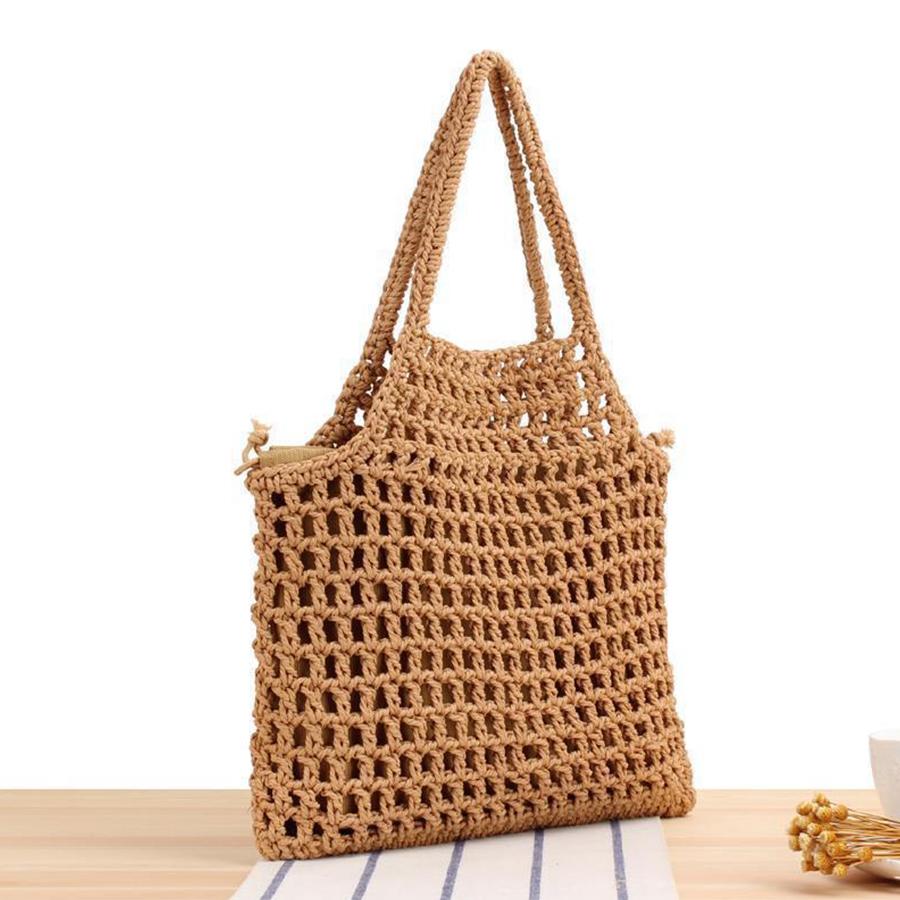 Women Hollow Out Clutches Top-handle Bag Hand-woven Shoulder Bag with Cott Thread Summer Beach Shopper Satchel Female Handbags