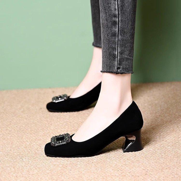 Square head shallow mouth single shoes new autumn French thick heel rhinestone square buckle not tired feet black high heels
