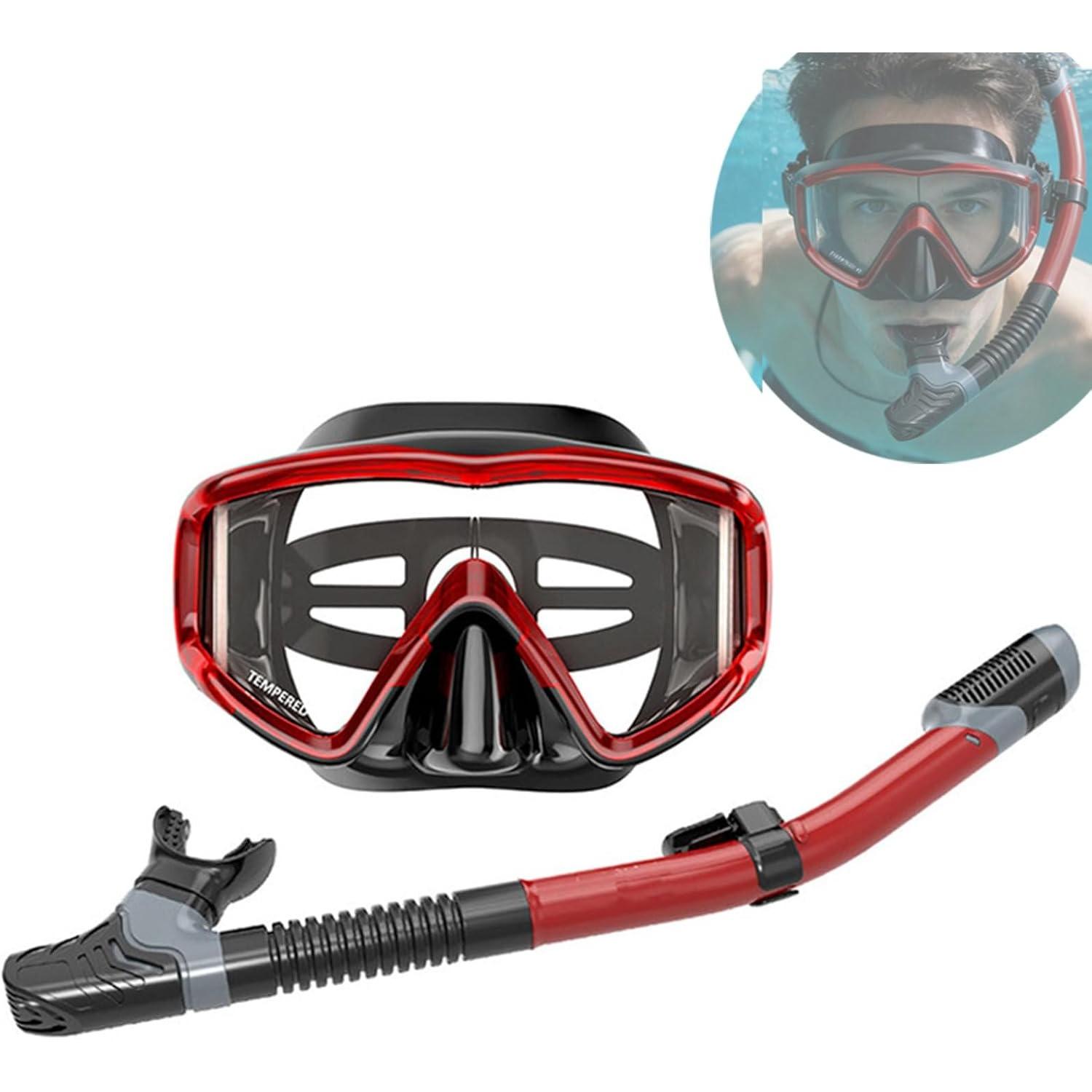 Snorkeling Gear for Adults, Snorkel Diving Mask Panoramic, Anti-Fog Tempered Glass Freedive Mask Diving Mask, Portable Dry Snorkel Set for Diving красный