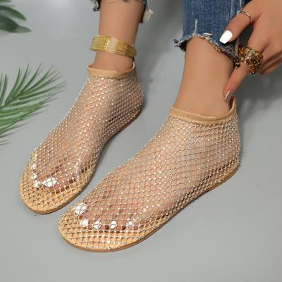 Fashion Summer Women's Sandals Luxury Rhinestone Mesh Hollow Breathable Sandals Flat Non-slip Fashion Round Toe Slip-on Women's Slippers