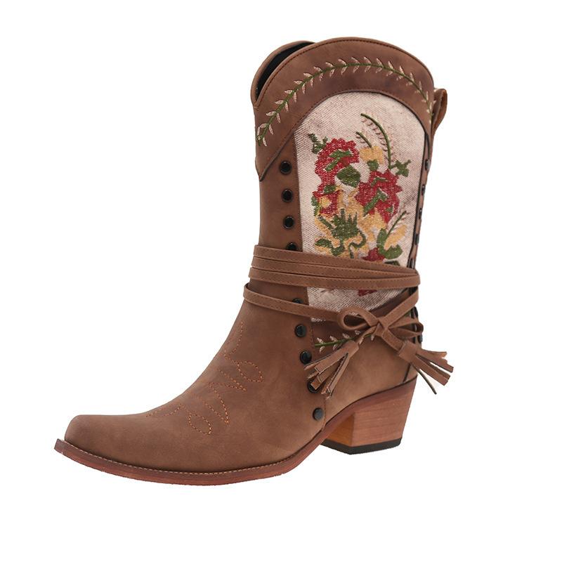 European and American style autumn fringed thick heel color matching pointed head medium tube large size leather boots