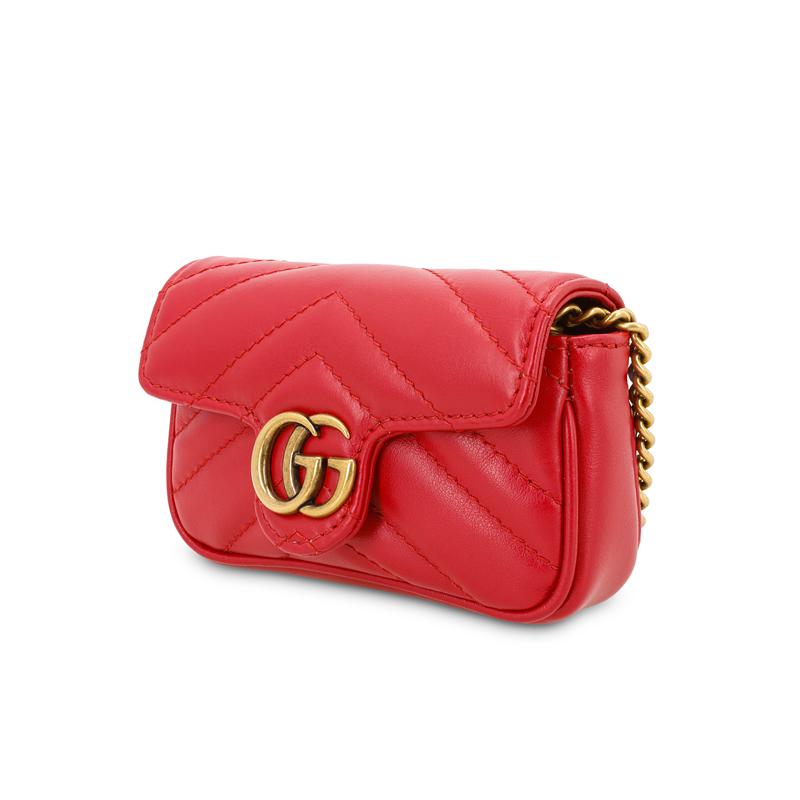 Gucci GG Marmont Marmont Distressed Gold Logo Chain Quilted Leather Handbag Coin Purse Super Mini Women's Red
