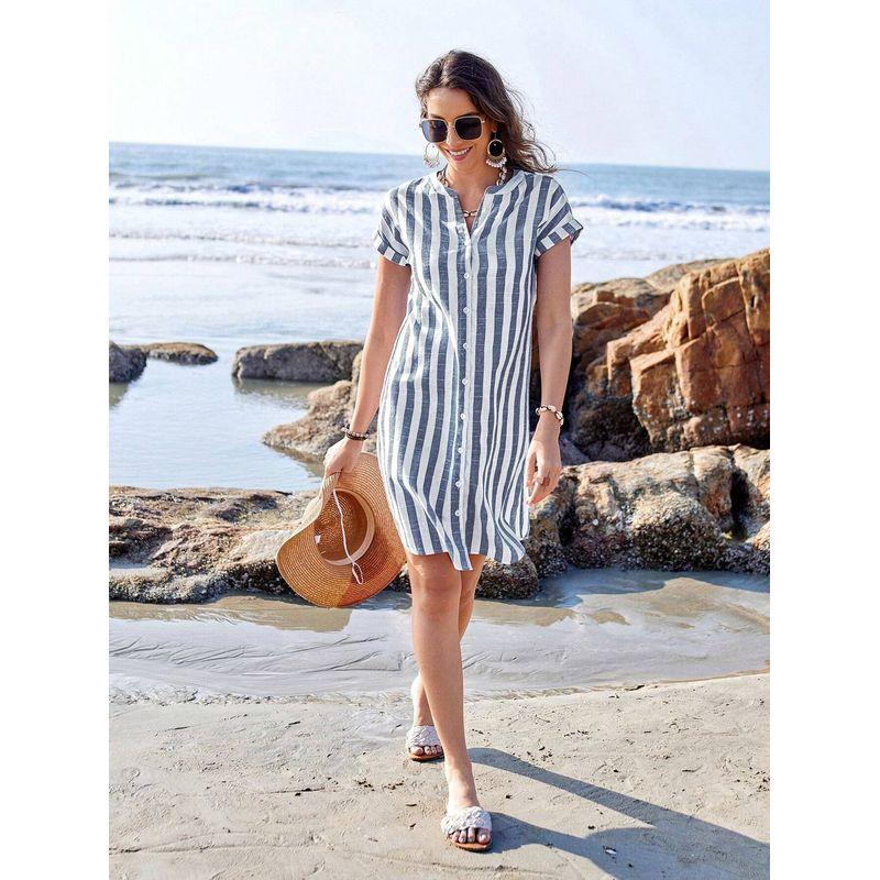Western Style New Fashion Casual Loose Stripe Short Sleeve Dress Single Breasted Short Dress Striped Dress
