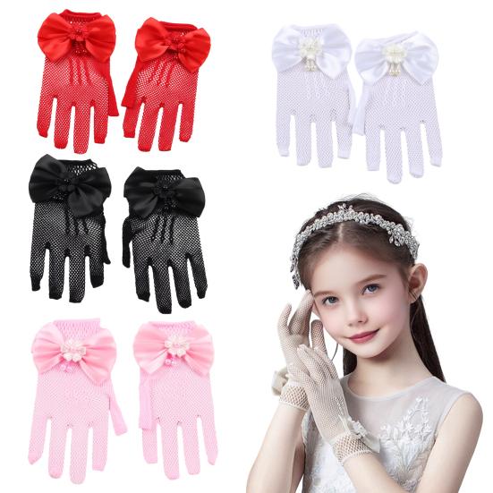 Lace Short Gloves for Little Girls 4-8 Years Tea Party Wedding Flower Gloves with Bow Kids Princess Dressing Gloves for First Communion Wedding Prom