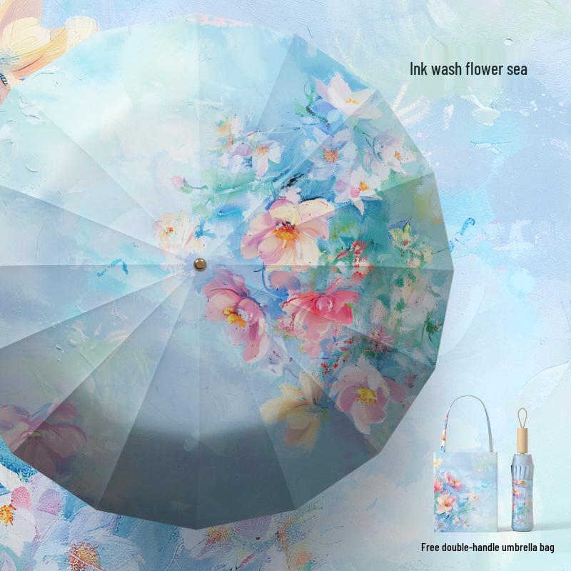 

Жіноча складана парасолька з 32 спицями подвійного призначення - Захист від сонця та дощу, Анти-УФ, Збільшена, Посилена, Потовщений сонцезахисний купол