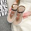 2025 Casual Fashion Wooden Bead Buckle Rhinestone Flat Sandals Pinch Feet Seaside Beach Flip-flops Large Size Women's Shoes
