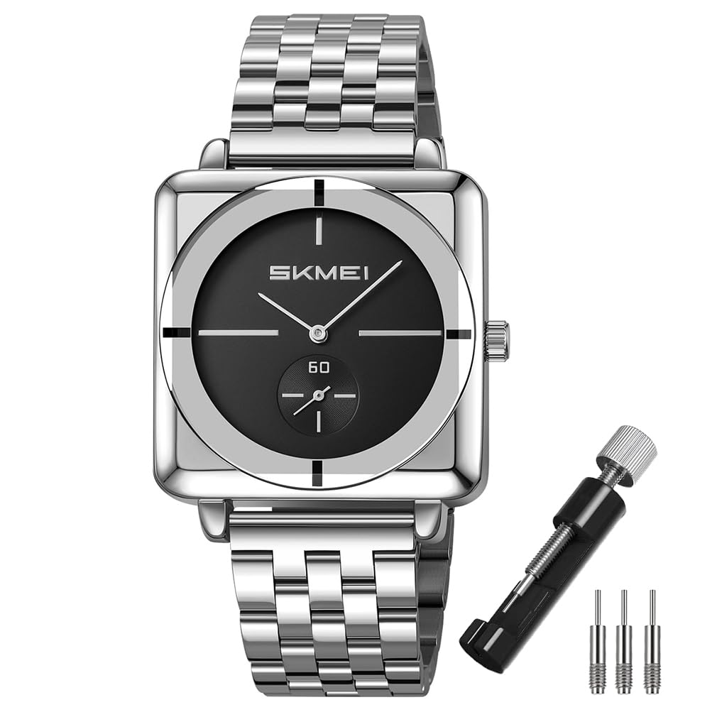 SKMEI Square Watch Stainless Black Men s - Simple, Stylish, Steel, Waterproof, Analog, Business, Casual, Men s Watch, Gift, Silver,