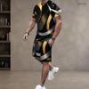 Men s Plus Size Dark Green Gold Printed Round Neck Short Sleeve Top And Shorts Two Piece Set