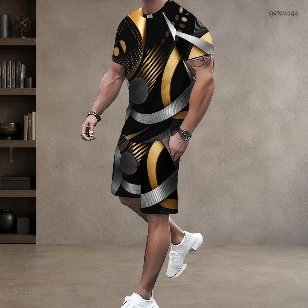Men s Plus Size Dark Green Gold Printed Round Neck Short Sleeve Top And Shorts Two Piece Set