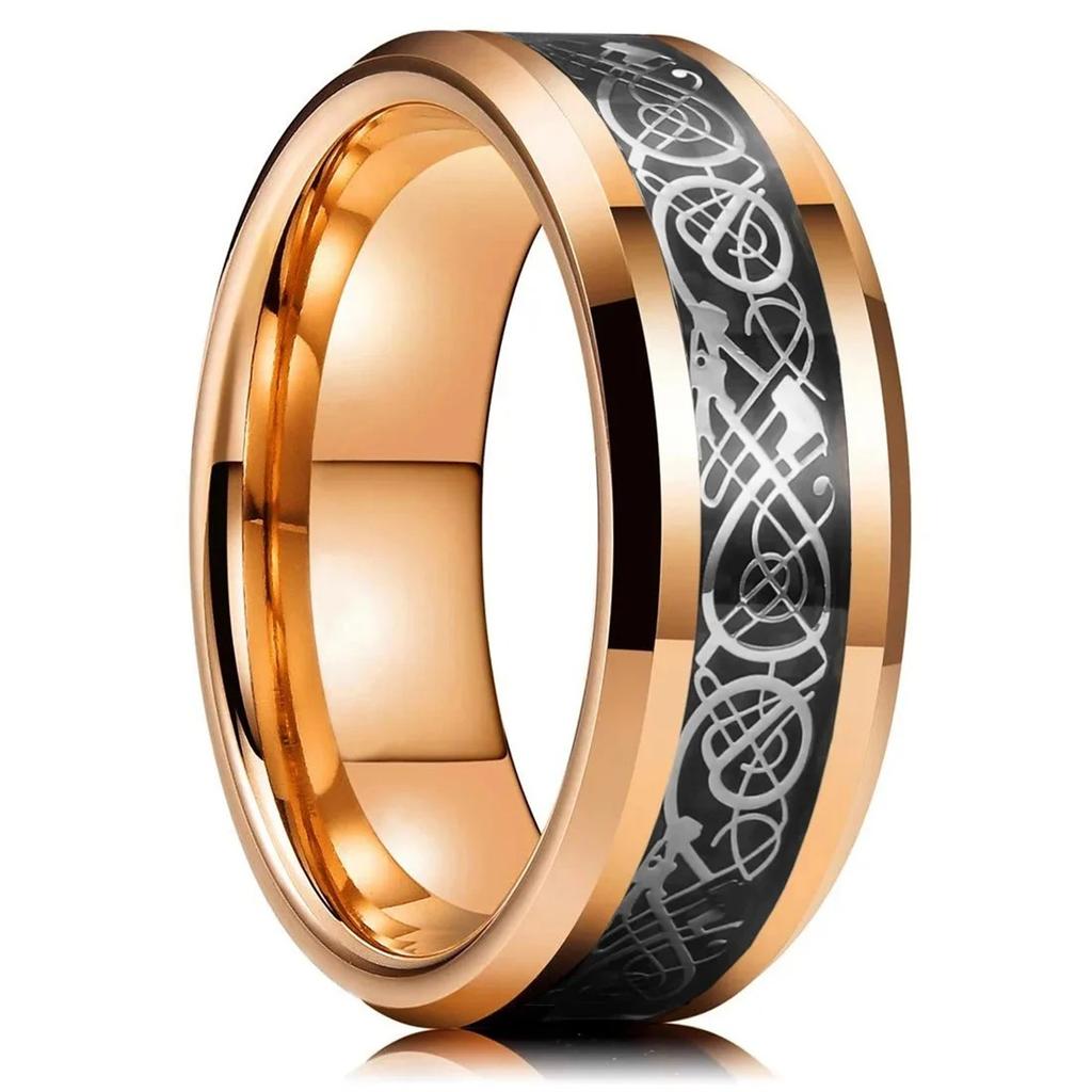 Celtic Black Carbon Fiber Rings,  Gold Color Men Stainless Steel Dragon Rings, Men Wedding Band Jewelry