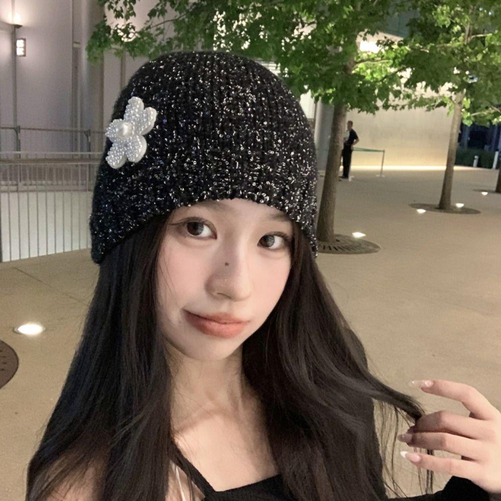 Bowknot Sequin Knitted Hat Hollow Woven Cap Fashion Beanie Hat Winter
