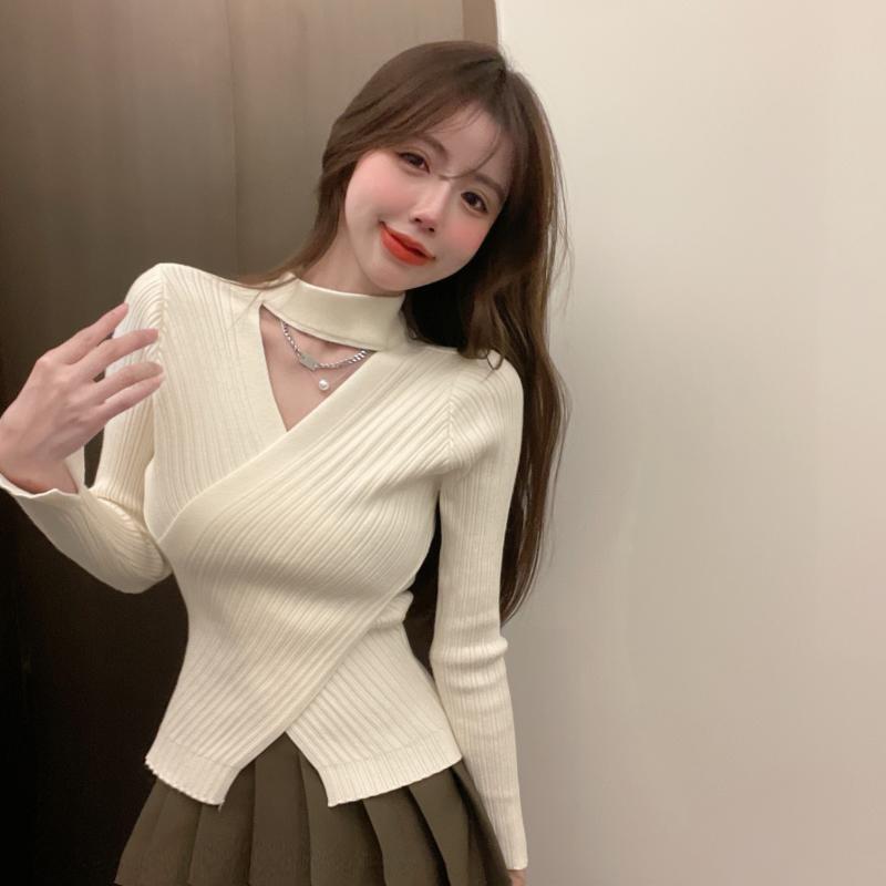 Sexy Fashion Cross V-neck Knitted Bottoming Shirt Women's Pullover Slim Fit Casual Sweater Autumn Winter Turtleneck Inner Top Solid Simple Clothing