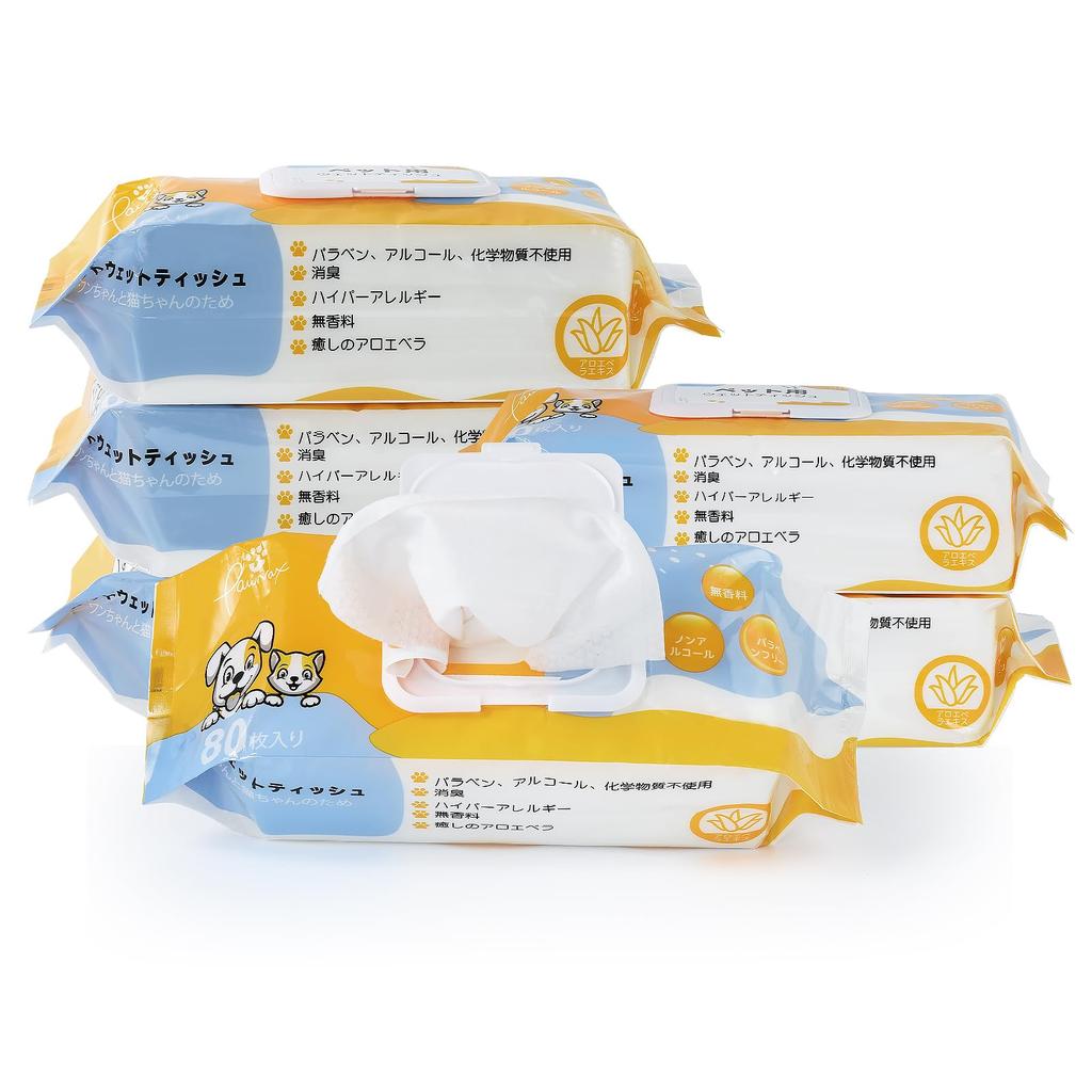 PAWNAX Pet Wet Pure Safe to Dog Body For and Eye Dog Paw Wiping 80 Sheets x 6 Pieces Dog Wet Thick Approximately 20 x 25 Tissue, 99% Water,