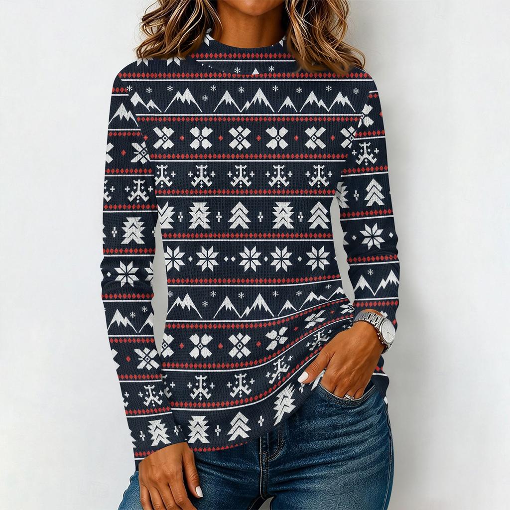 Women's Casual Knit Long Sleeve T-Shirt with High Neck Christmas Print