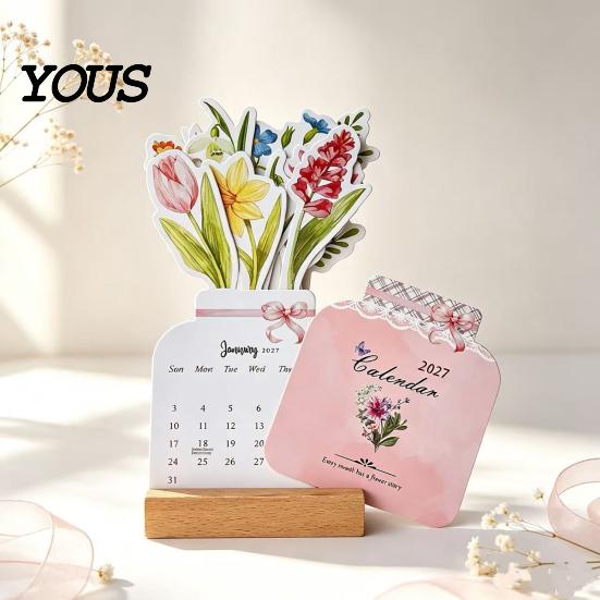 Daily Schedule Planner 2027 Flower Desk Calendar, English Tabletop Calendar with Wooden Base, Cute Stationery Gift Floral & Cat Decorative for Office