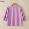 ZANZEA Women Ruffles V-Neck Solid Color Loose 3/4 Sleeve Blouse