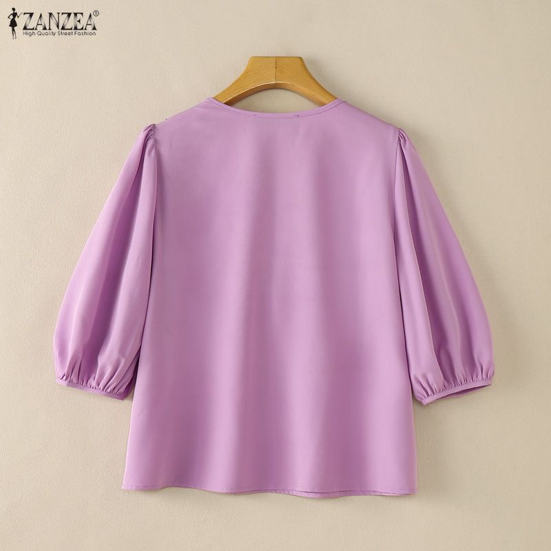 ZANZEA Women Ruffles V-Neck Solid Color Loose 3/4 Sleeve Blouse