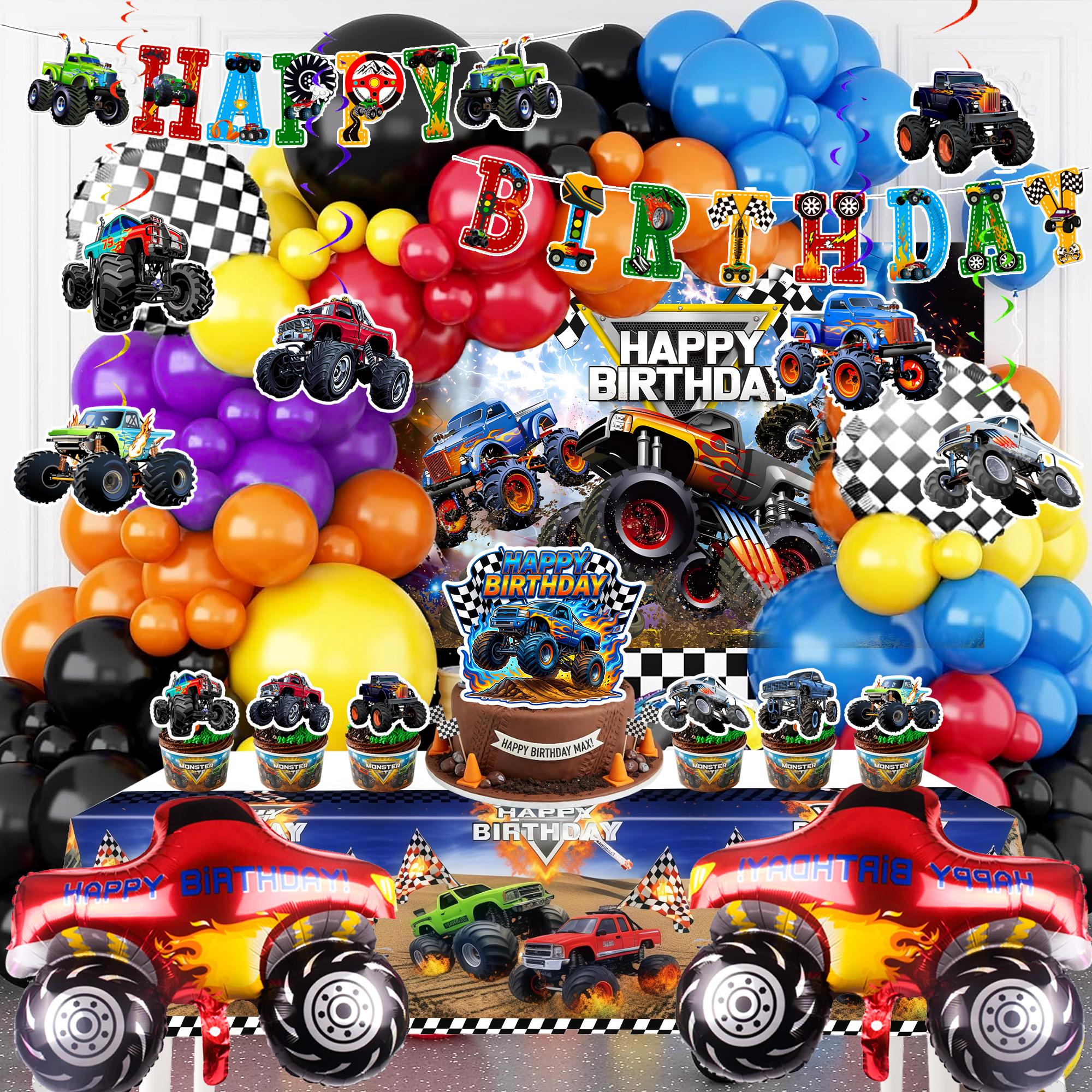 Monster Truck Party Decorations, Monster Truck Birthday Decorations - Monster Truck Party Balloons & Birthday Banner Cake Toppers Tablecloth etc синий/фиолетовый