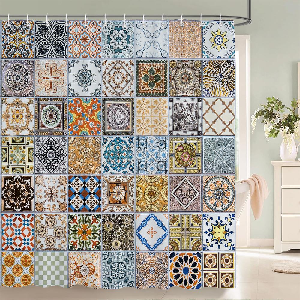 Duschvorhänge im Bohème-Stil Mandala Boho Blumen- und Pflanzendruck Badezimmervorhänge Wasserdichter Polyester Duschvorhang