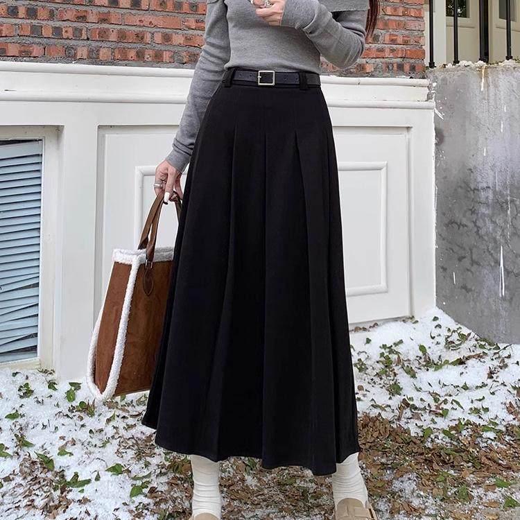 Women's Plus Size Gray Wool Blend High-Waisted Pleated Midi Skirt - Slimming Flowy Autumn Style