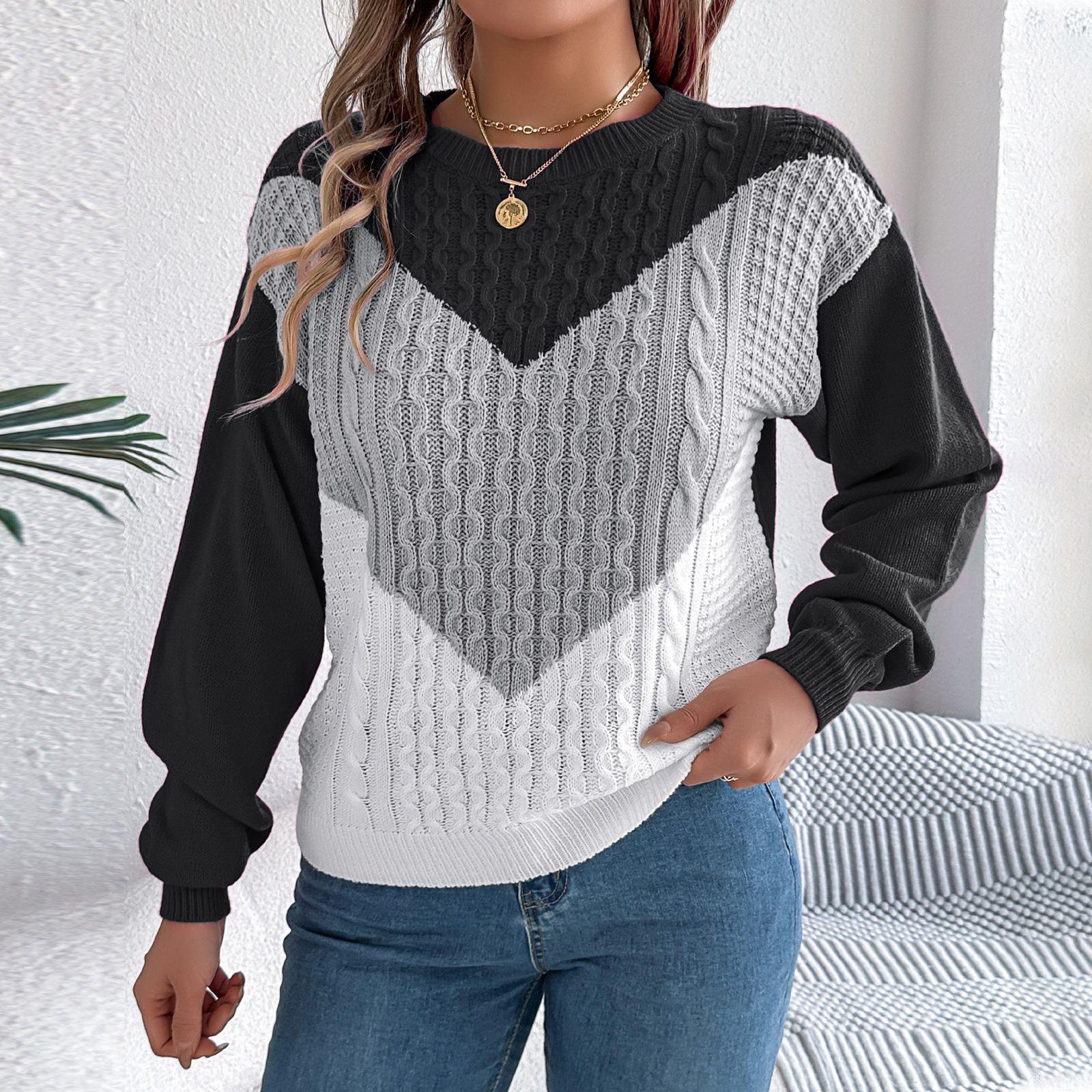 Женский свободный контрастный цвет круглый вырез вязаный свитер длинный рукав пуловер топ L 2189₽