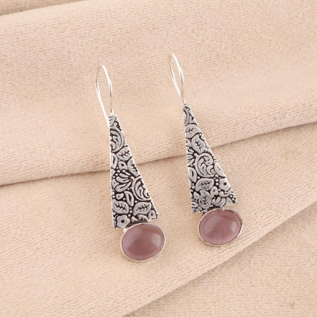 Natural Purple Cat's Eye Gemstone 925 Fine Silver Jewelry Handmade Earrings 1.9" EE-165-41