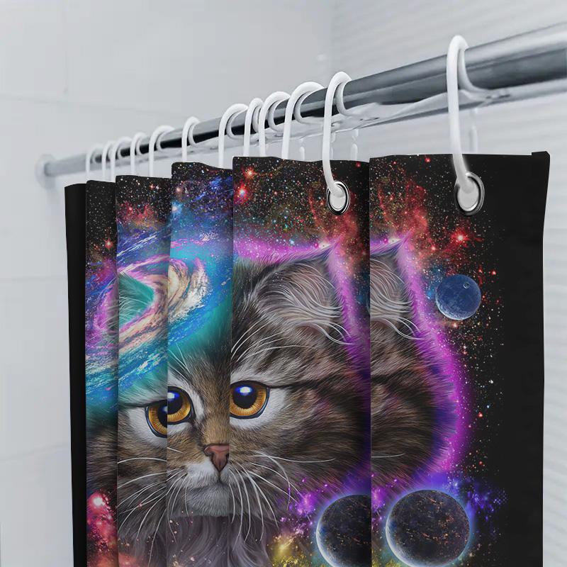 Space Cats Shower Curtain Cosmic Kitty Bathroom Decor Unique Cat Print Astral Pet Love Gift