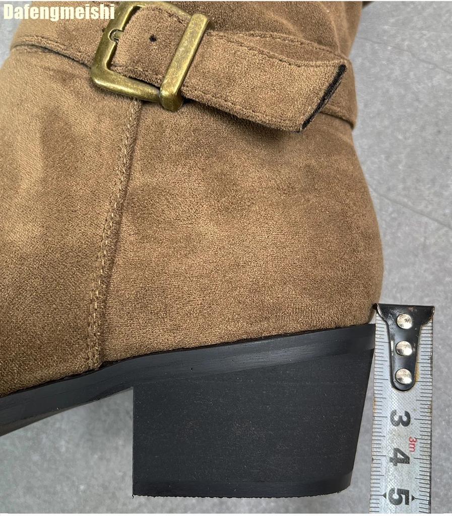 2025 New Winter Thick Heel Boots Women Western Cowboy Pointed Toe Black/khaki Suede Knee-High Boots Turned-Over Edge Boots