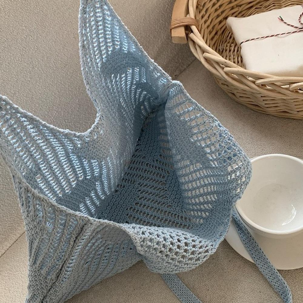 Bohemian Style Knitted Shoulder Bag Hollow Out Reusable Grocery Bag Woven Shopping Bag  Summer