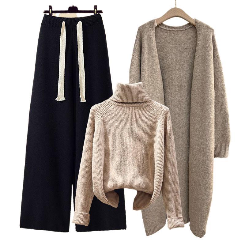 Autumn 2025 Knit Cardigan Set with High-Neck Sweater & Wide-Leg Pants