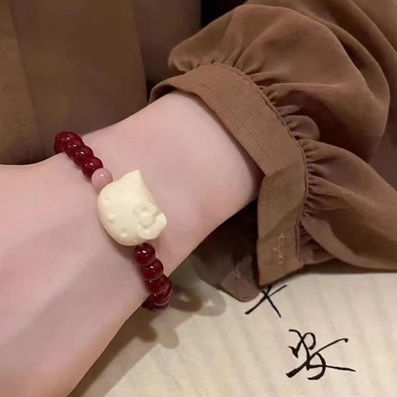 

Chinese Style Cartoon Cinnabar Beaded Bracelet Kawaii Vintage Stacked Beaded Bracelet Bangle Holiday Gift