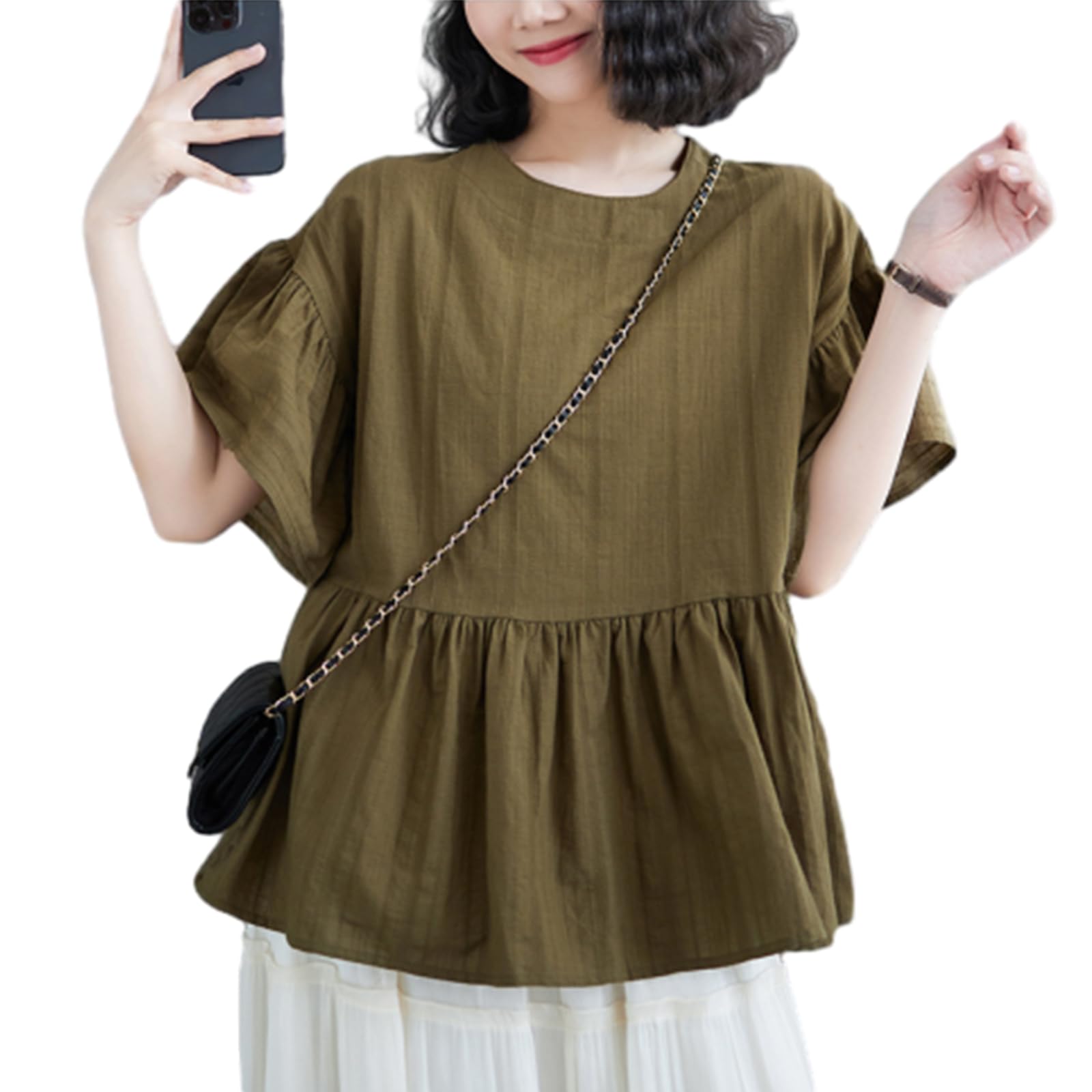 

Блузки для Короткий Круглый Расклешенный Свободный [RoyzTocz] Женщины, Рубашки, Рукава, Шея, Топы, Рукава, Рюши, Однотонный, Тонкий, Простой, Однотонный, Посадка, Повседневный, Топы, зелёный