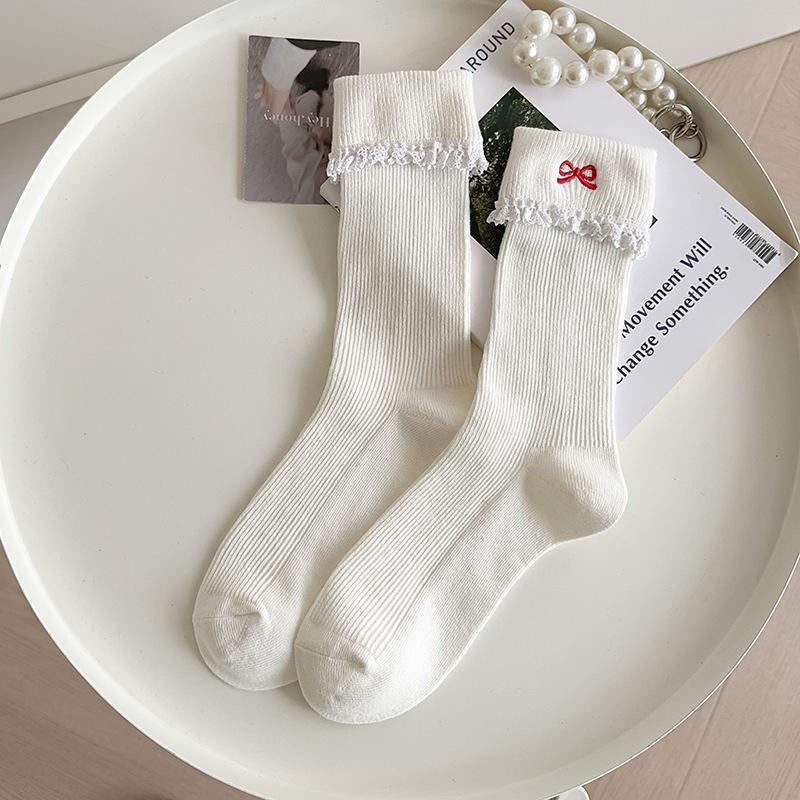 Simple All-Match Girly Cotton Socks Lace Bow Sweet Sock Casual Breathable Sweat-Wicking Mid-Tube Socks  Accessories Gifts