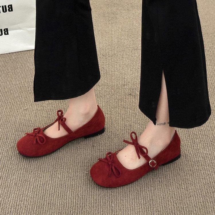 

Soft leather version~ Square head bow light mouth single shoes women s spring skirt fairy ballet style flat Mary Jane shoes 40